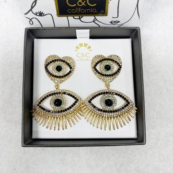 C&C california Gold Rhinestone Heart Eye Earrings NWT - Picture 4 of 7